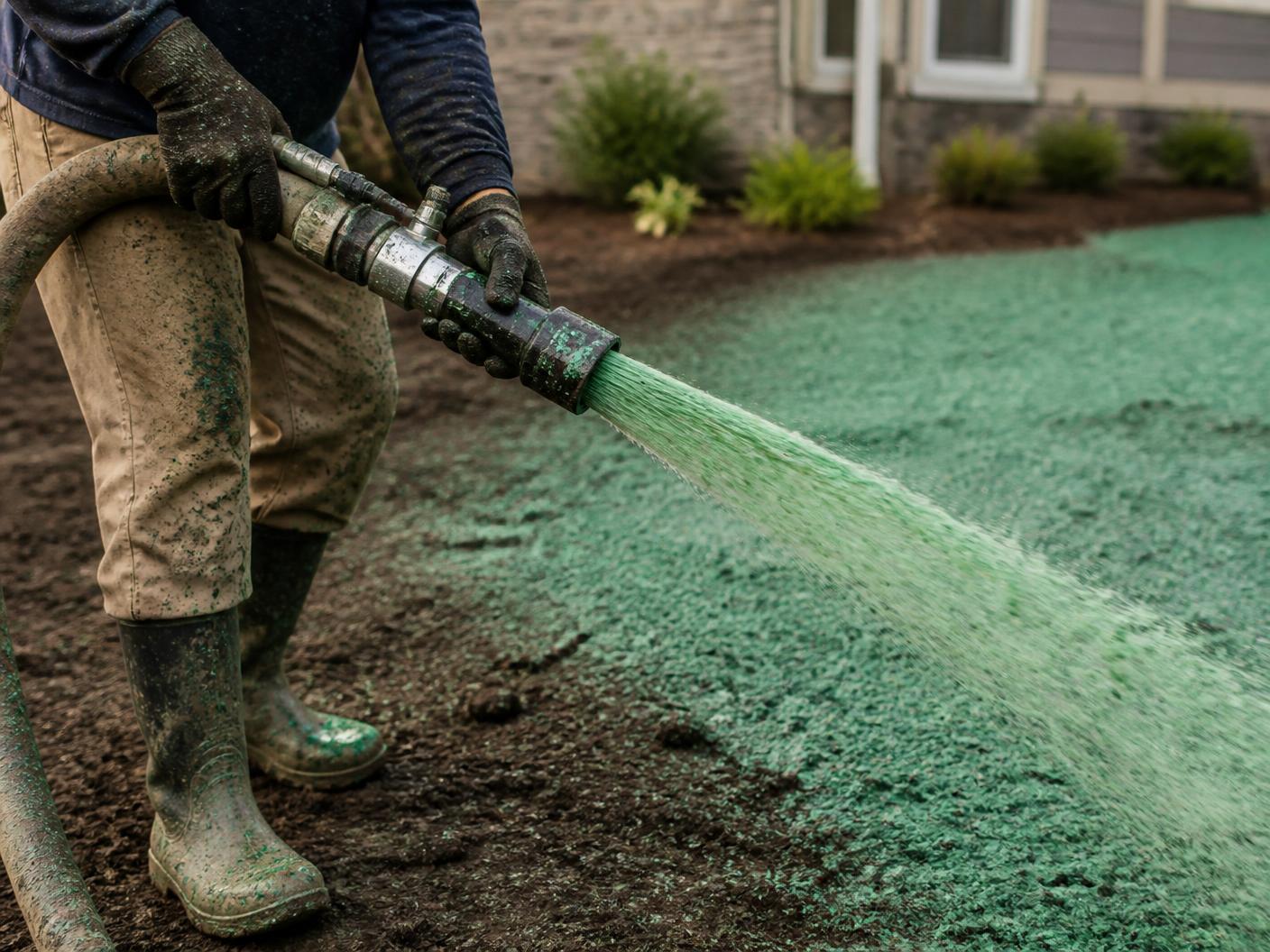 Crew spraying green hydroseed slurry across a graded lot